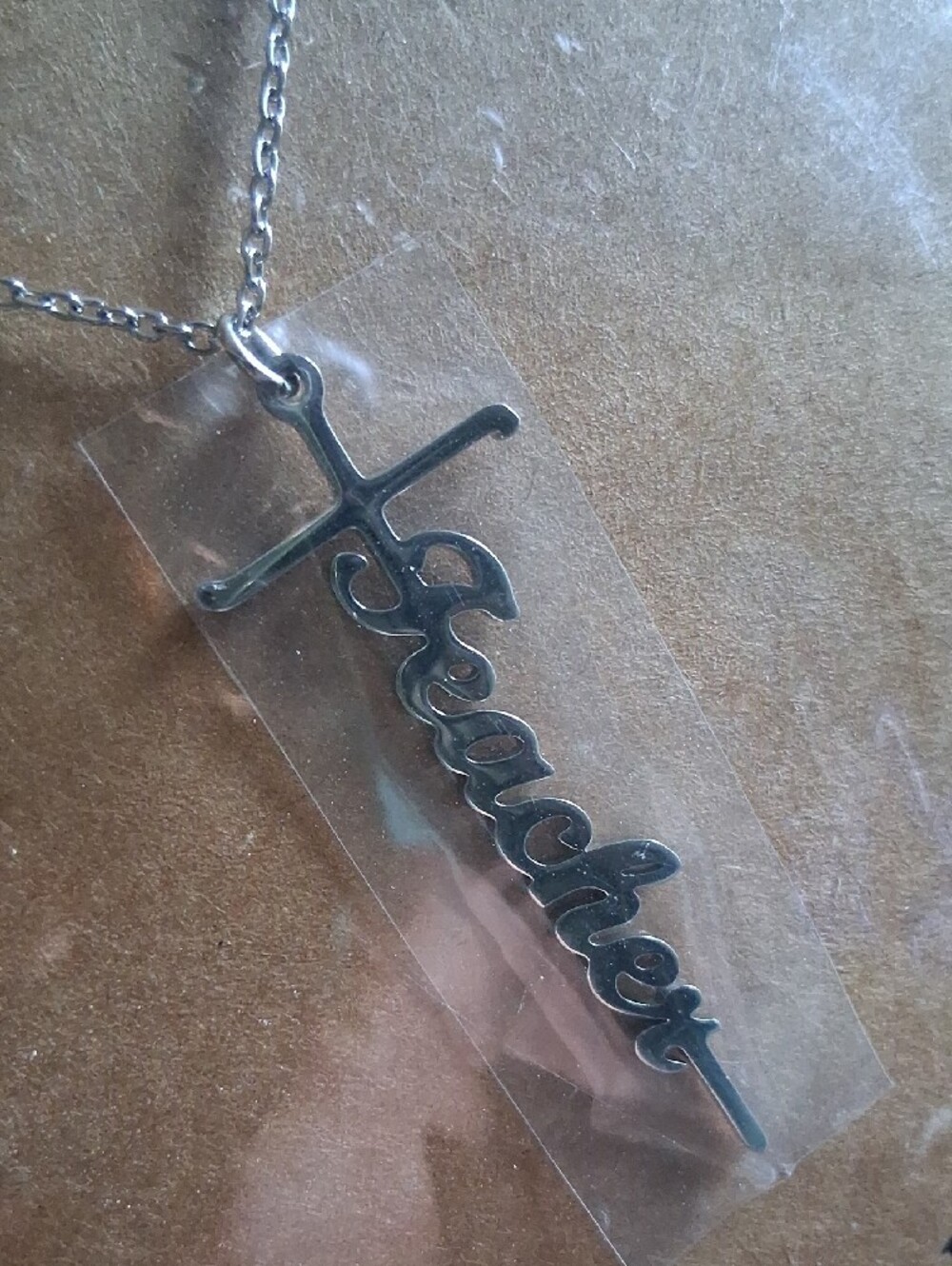 Cherry LA Silver 'Teacher' Script Cross Pendant Necklace - Picture 2 of 6
